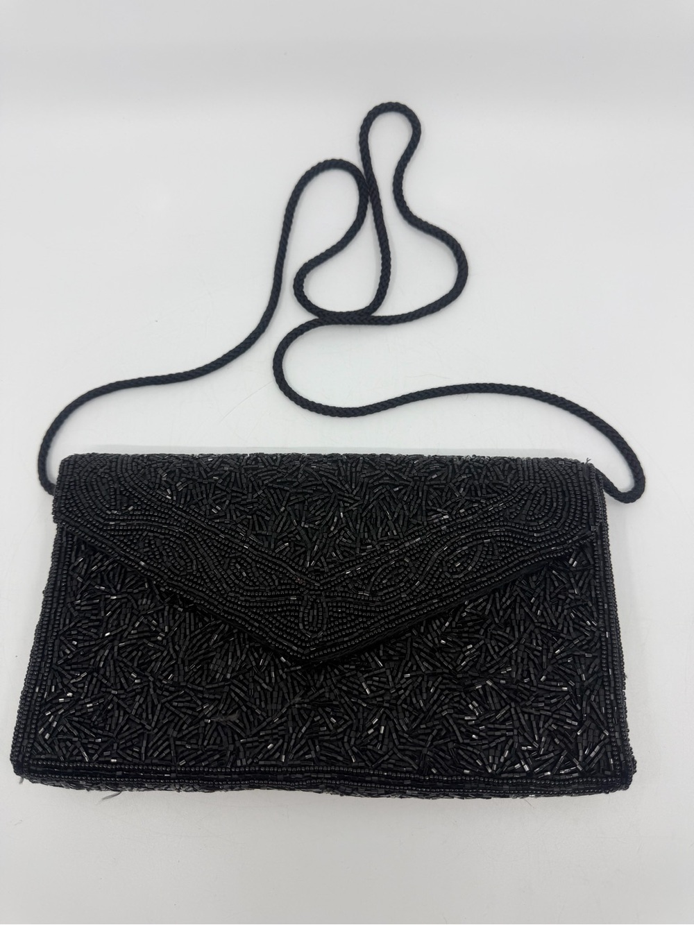 Black Beaded Envelope Shoulder Bag with Cord Strap